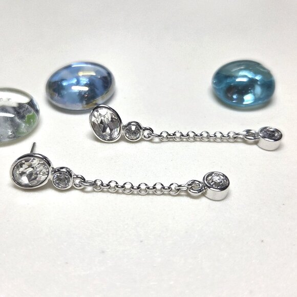 Swarovski Dangle Drop Earrings With Bezel Set Clear Oval And Round Crystals - Picture 1 of 11
